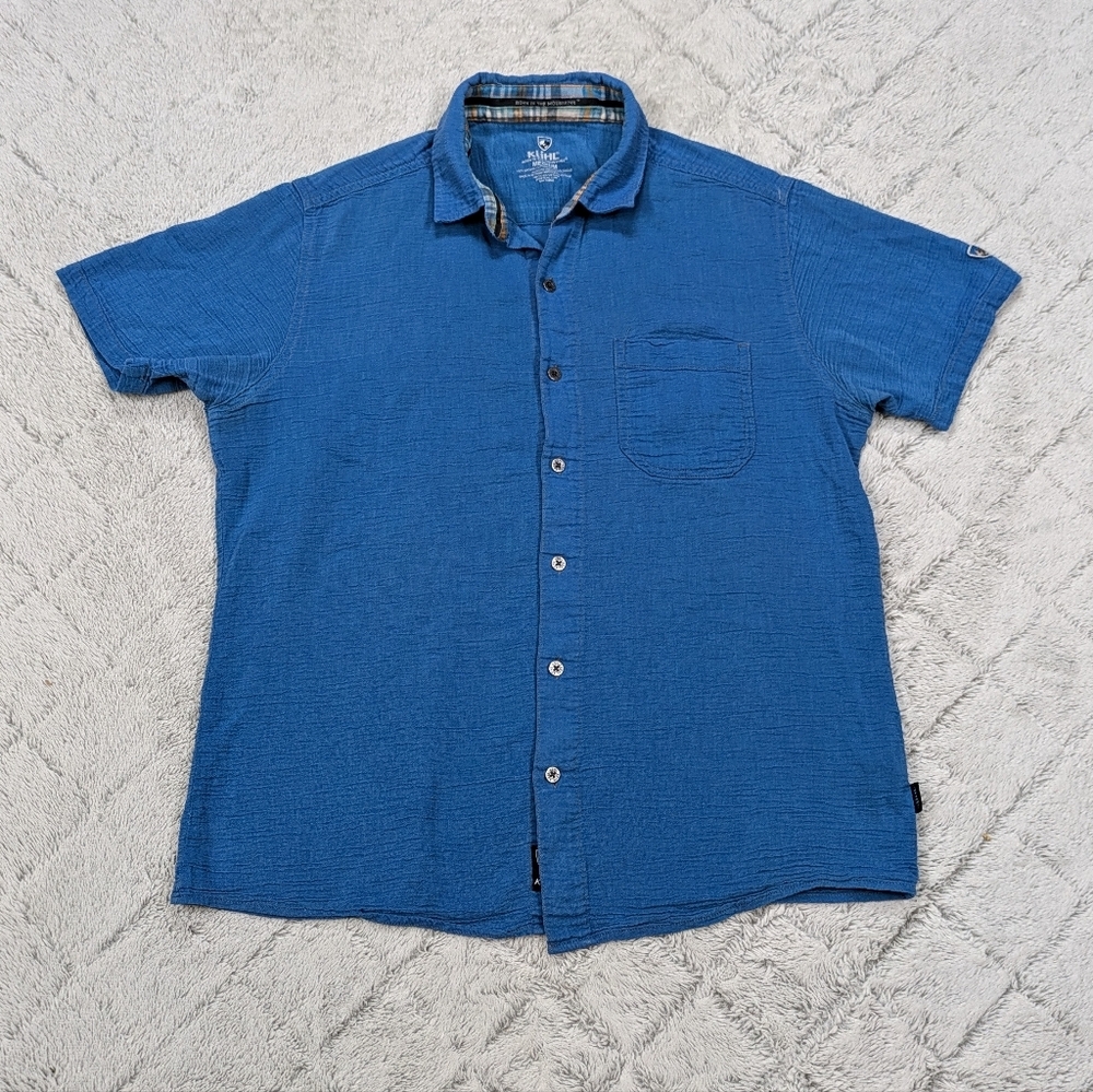 Kuhl Shirt Men's M Blue Organic Cotton Texture Light Button Up Short Sleeve Camp